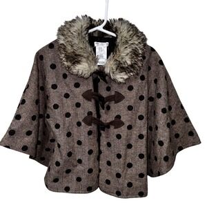 Max Studio Baby Girl Herringbone Polka Dot Faux Fur Collar Cape Brown Black 3T